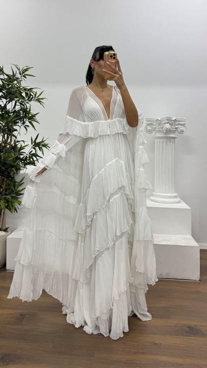 Beyaz Bohem Fırfır Detaylı Özel Tasarım Abiye Elbise